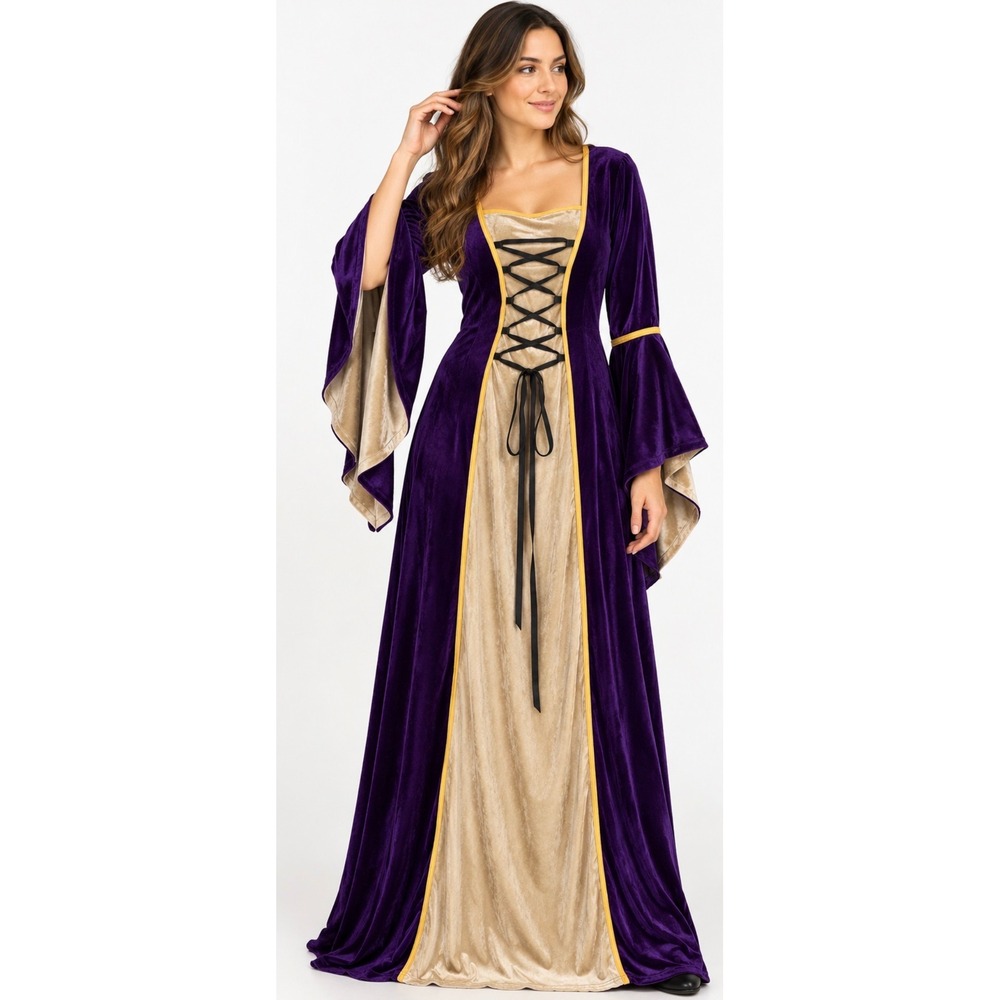 Purple Velvet Renaissance Lace Up Bell Sleeve Maxi Dress Sz XL Costume Halloween